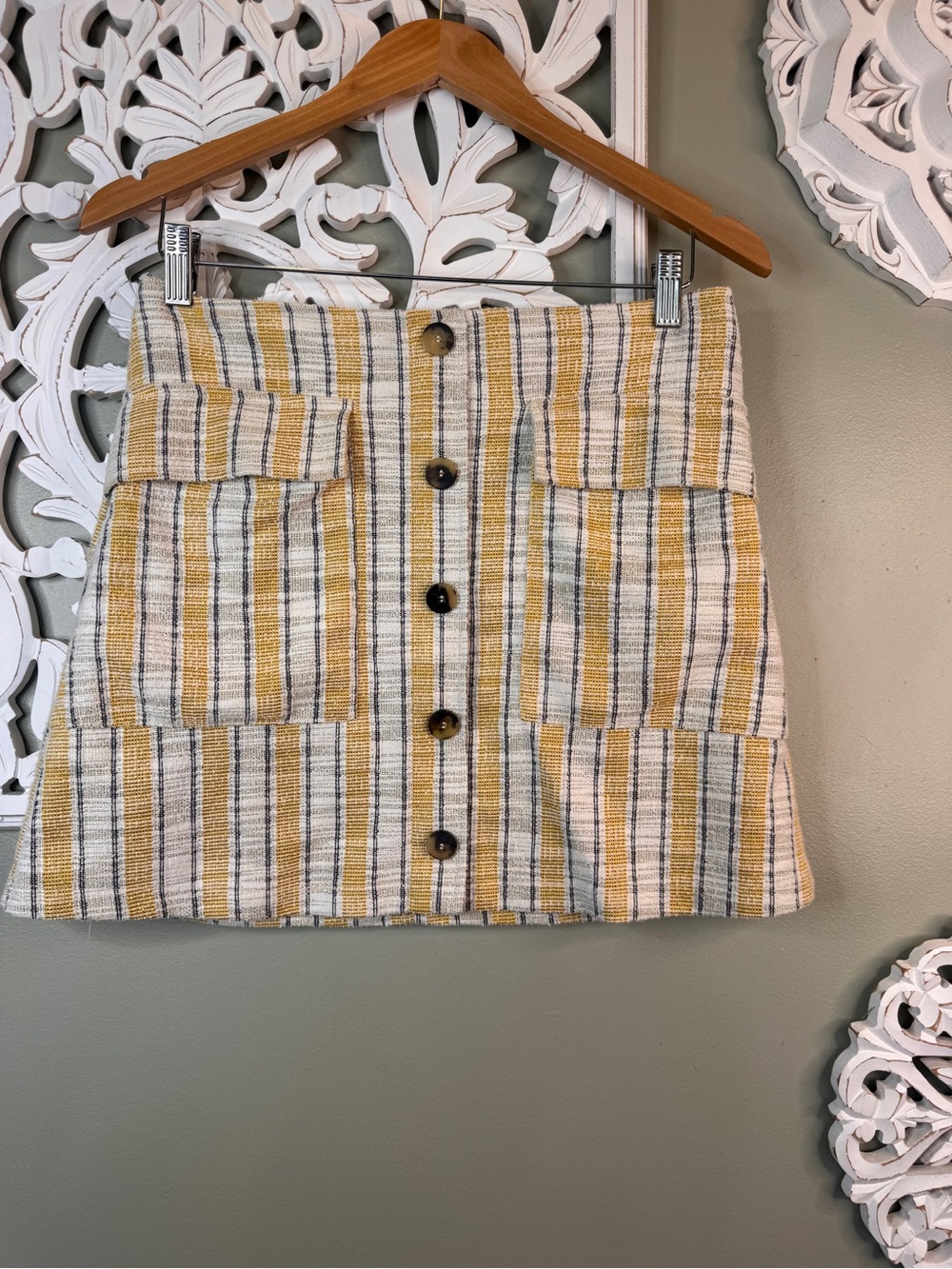 Mango MNG Striped Button Front Mini Skirt M Mustard Cream Y2K